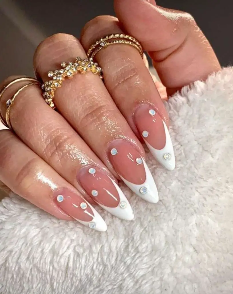Simple Pink And White Nails With Rhinestones