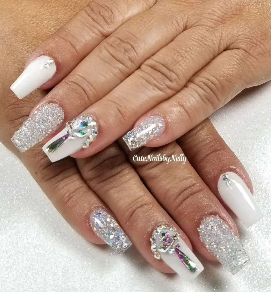 Simple White Nails With Rhinestones And Glitter