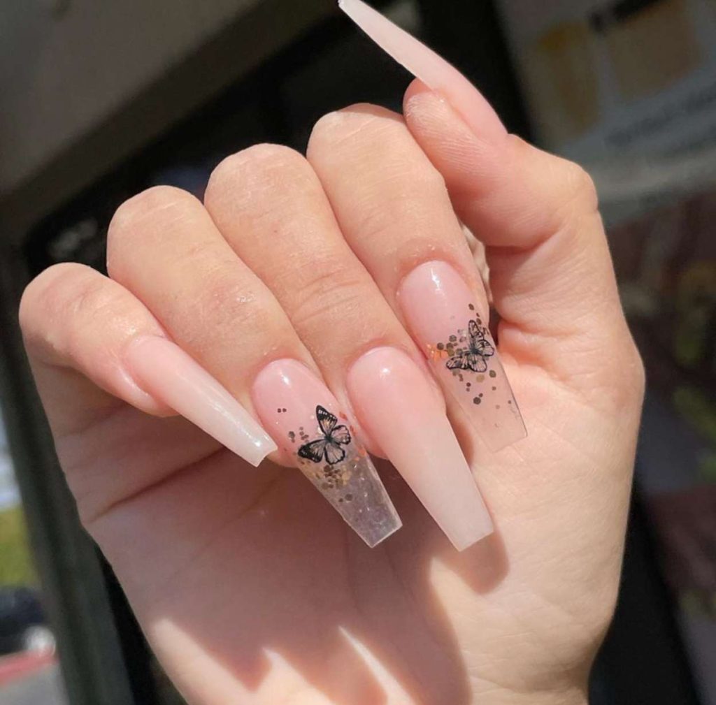 Skin Ombré And Baby Pink Butterfly Nails