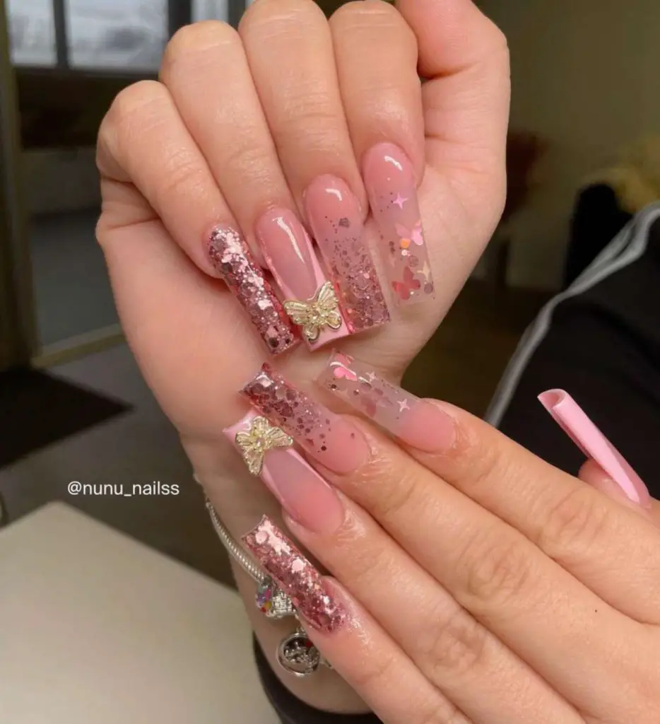 Sparkly, Long Acrylic Pink Butterfly Nails