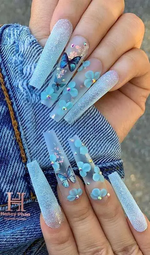 Square Tipped Turquoise Butterfly Acrylic Nails