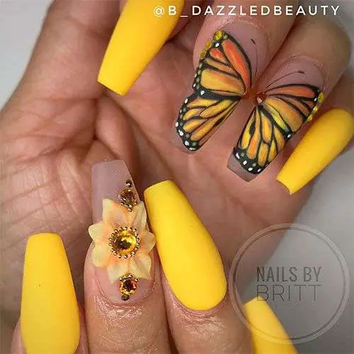 Yellow Stiletto Butterfly Acrylic Nails