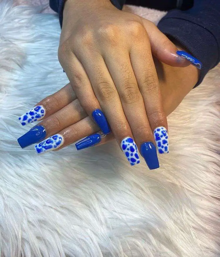 Glossy Blue And White Cow Print Nails 