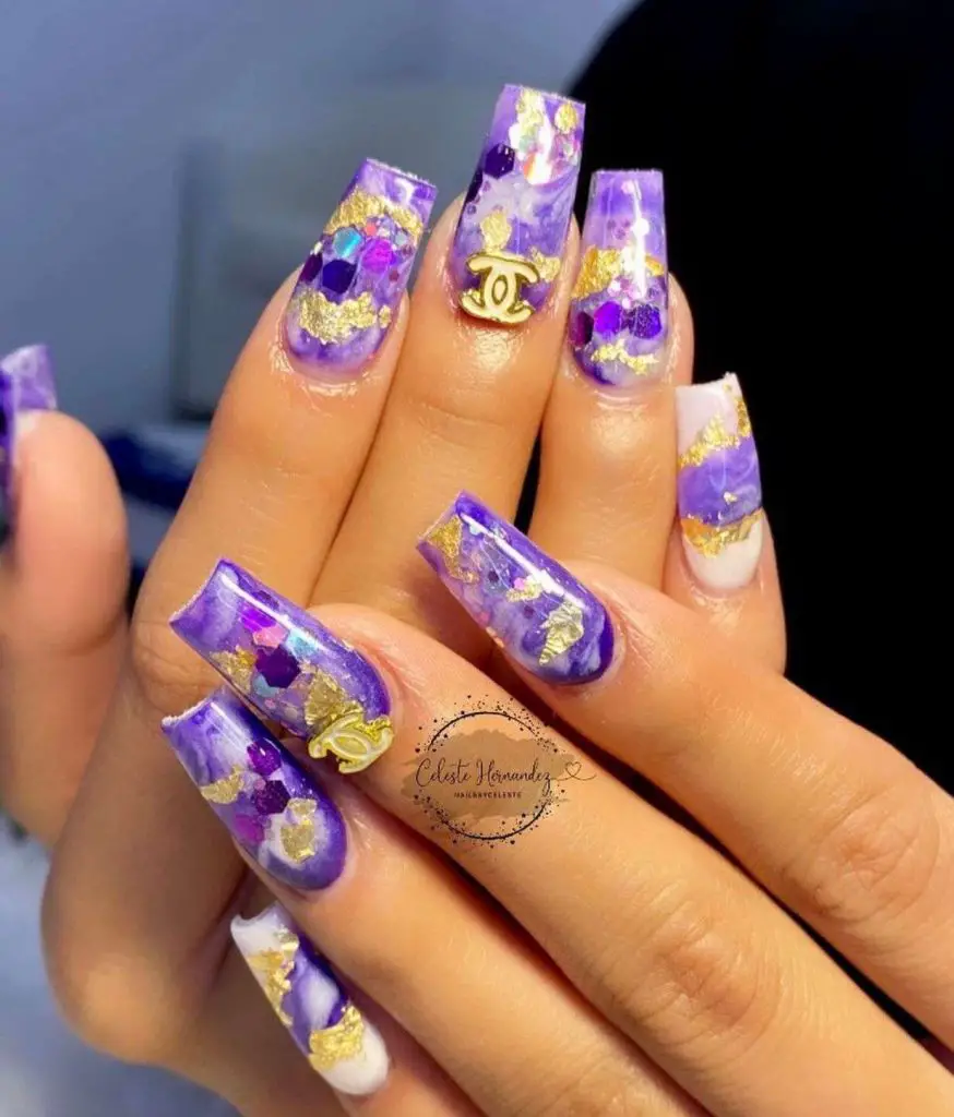 Coffin Purple Marble Nails With Gold Flakes