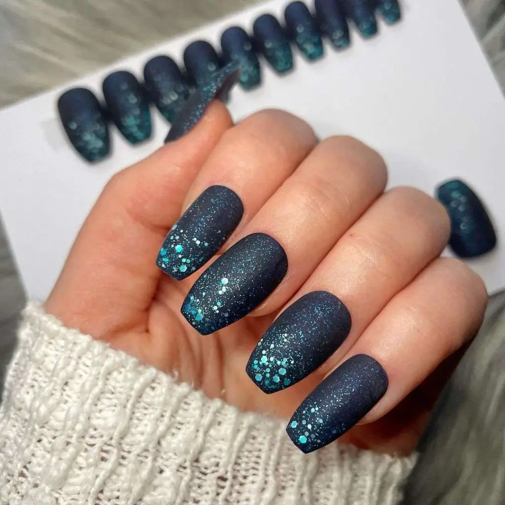 Matte Navy Blue Nails With Blue Glitter 