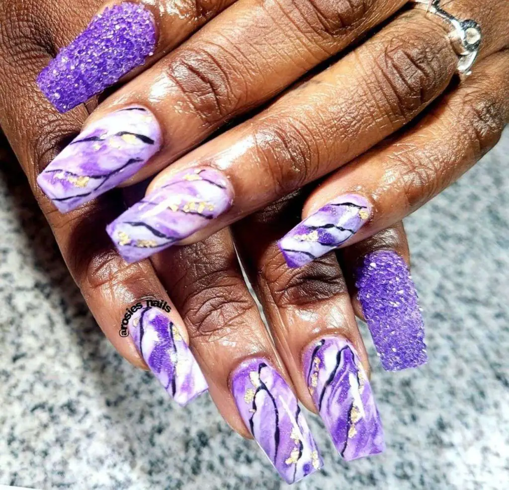 Purple Marble Nails With Transparent Crystals