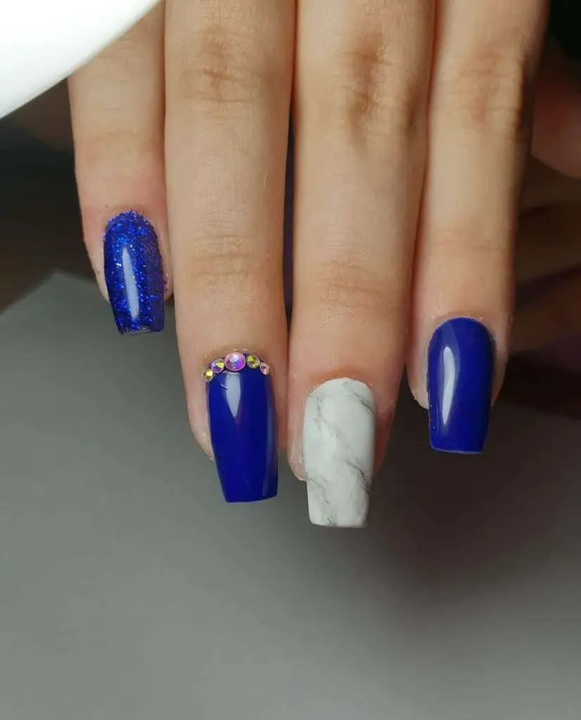 Royal Blue Coffin Nails With Diamonds And Marble