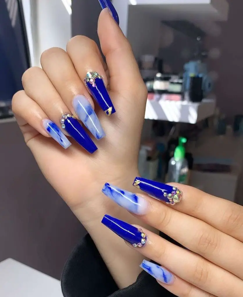 Blue Marble Nails With Diamonds