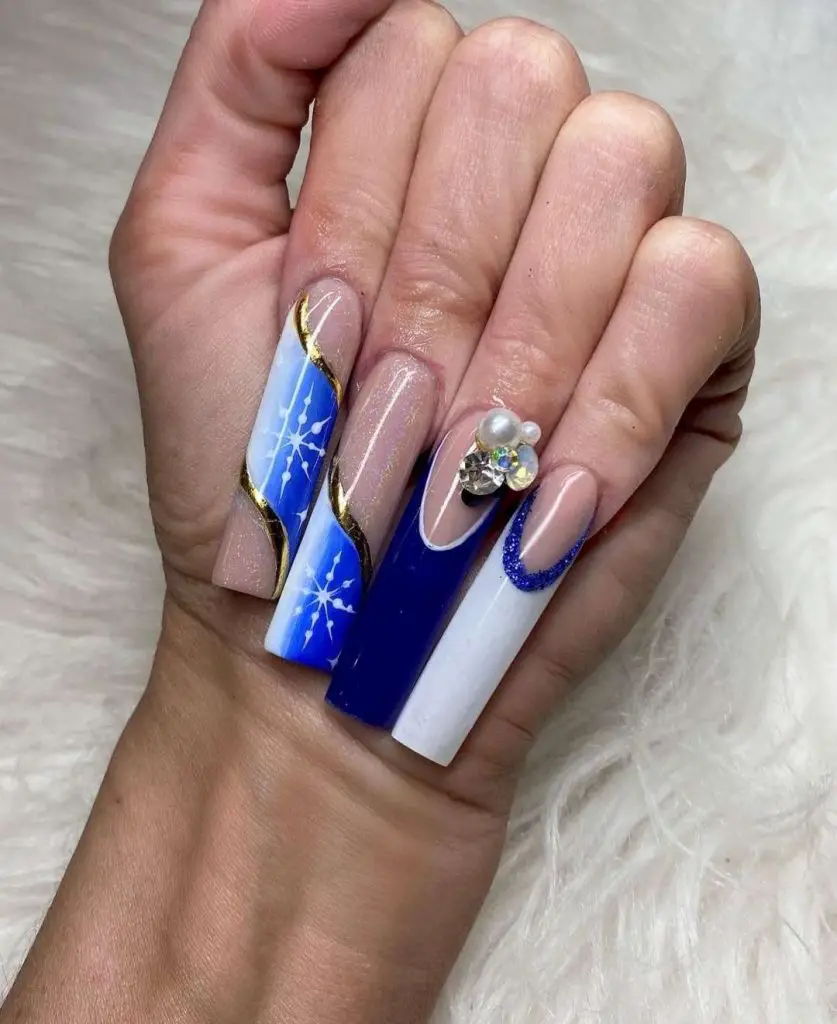 French Manicure Royal Blue Coffin Nails With Rhinestones