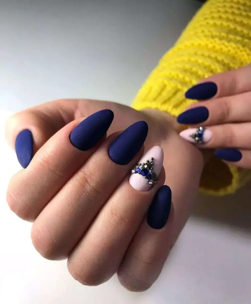 White Almond &Amp; Matte Navy Blue Nails With Rhinestones