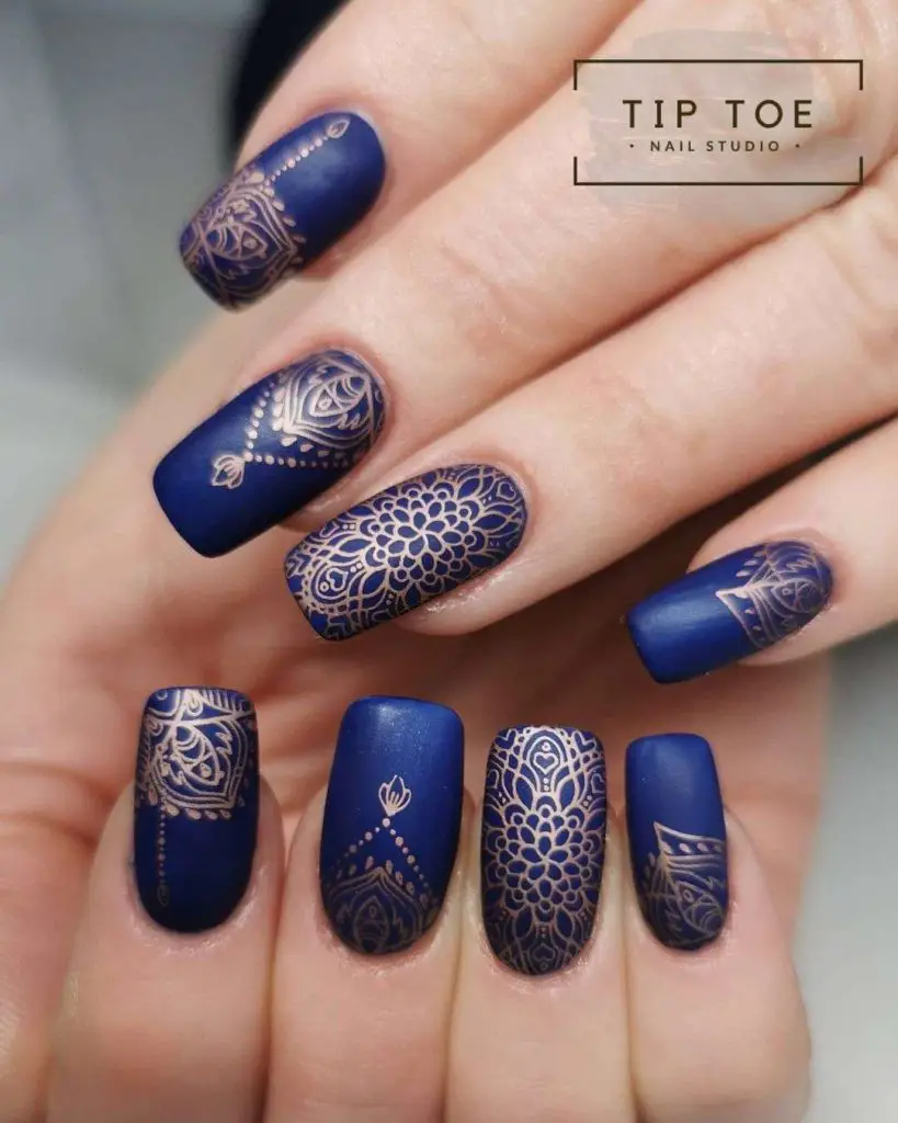 Matte Navy Blue Nails With Golden Stamping Nail Art 