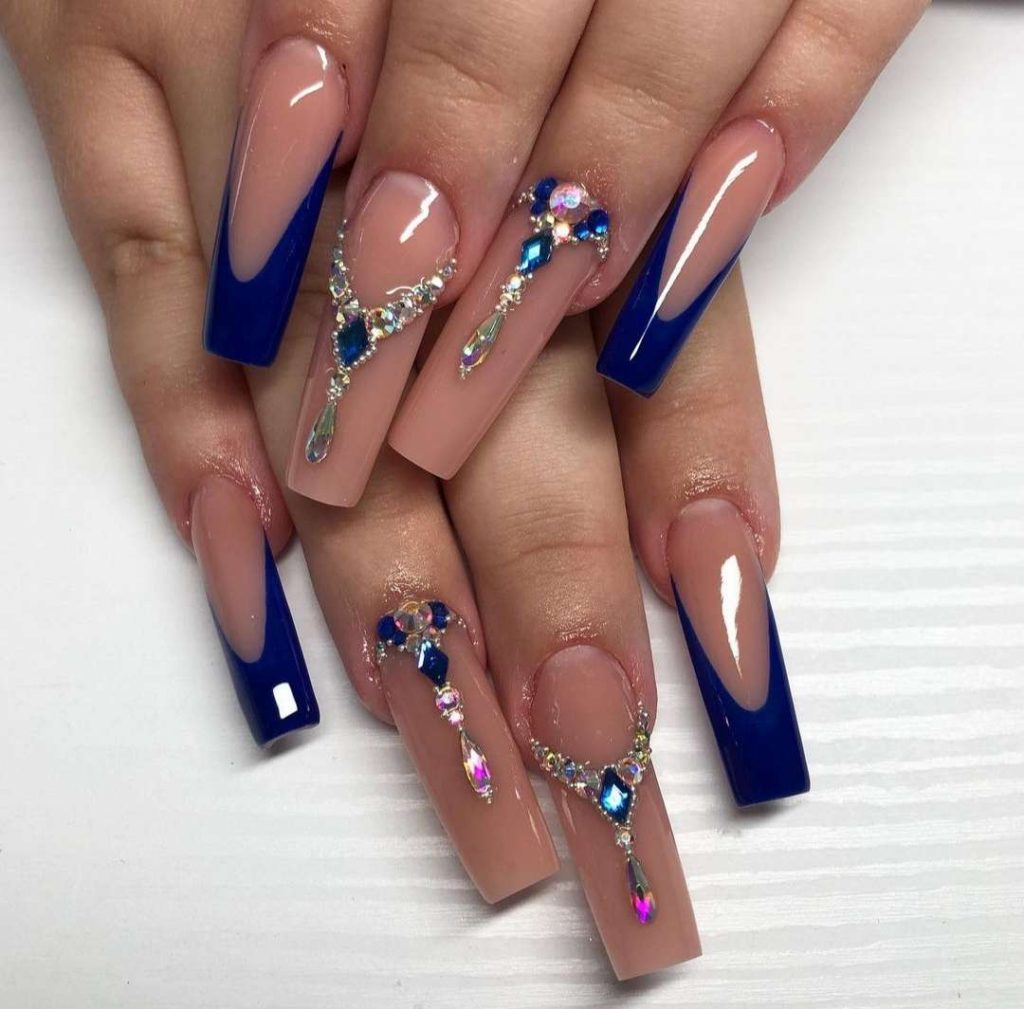 French Royal Blue Coffin Nails With Diamonds