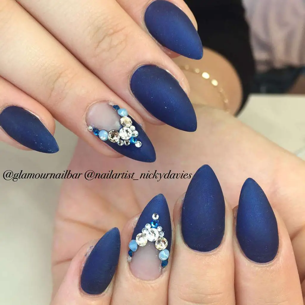 Matte Navy Stiletto Nails With Blue And White Rhinestones