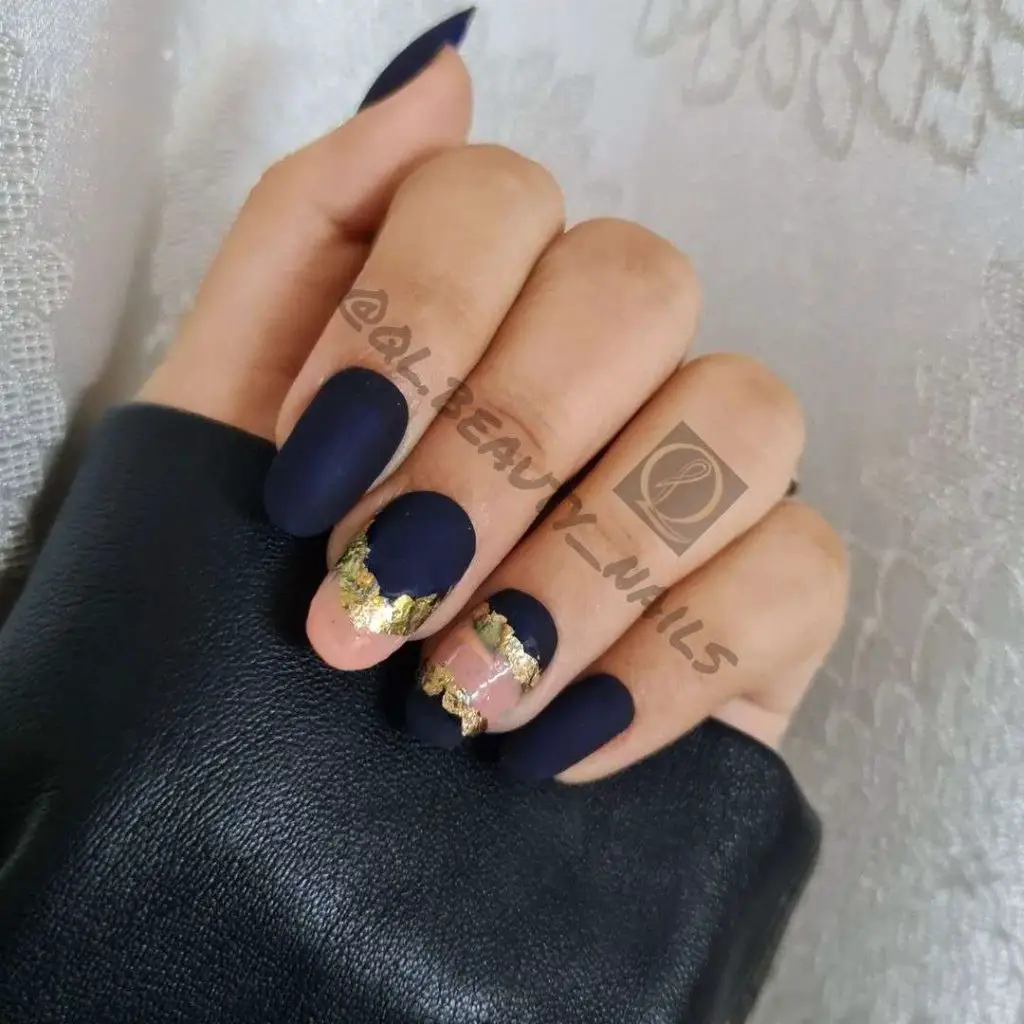 Pastel Pink And Navy Blue Matte Nails With Gold Leaf 