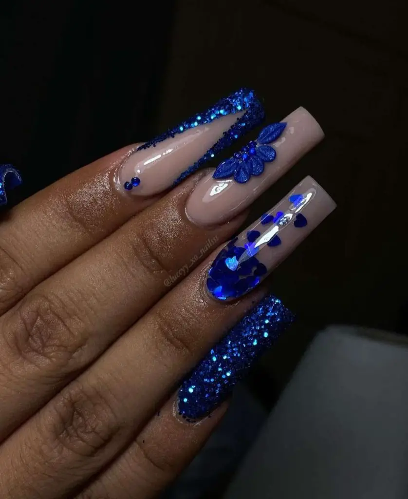Royal Blue Coffin Nails With Diamonds And 3D Nail Design