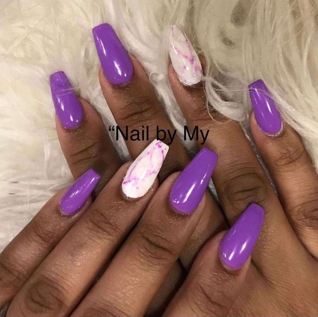 Bright Purple And White Marble Nails