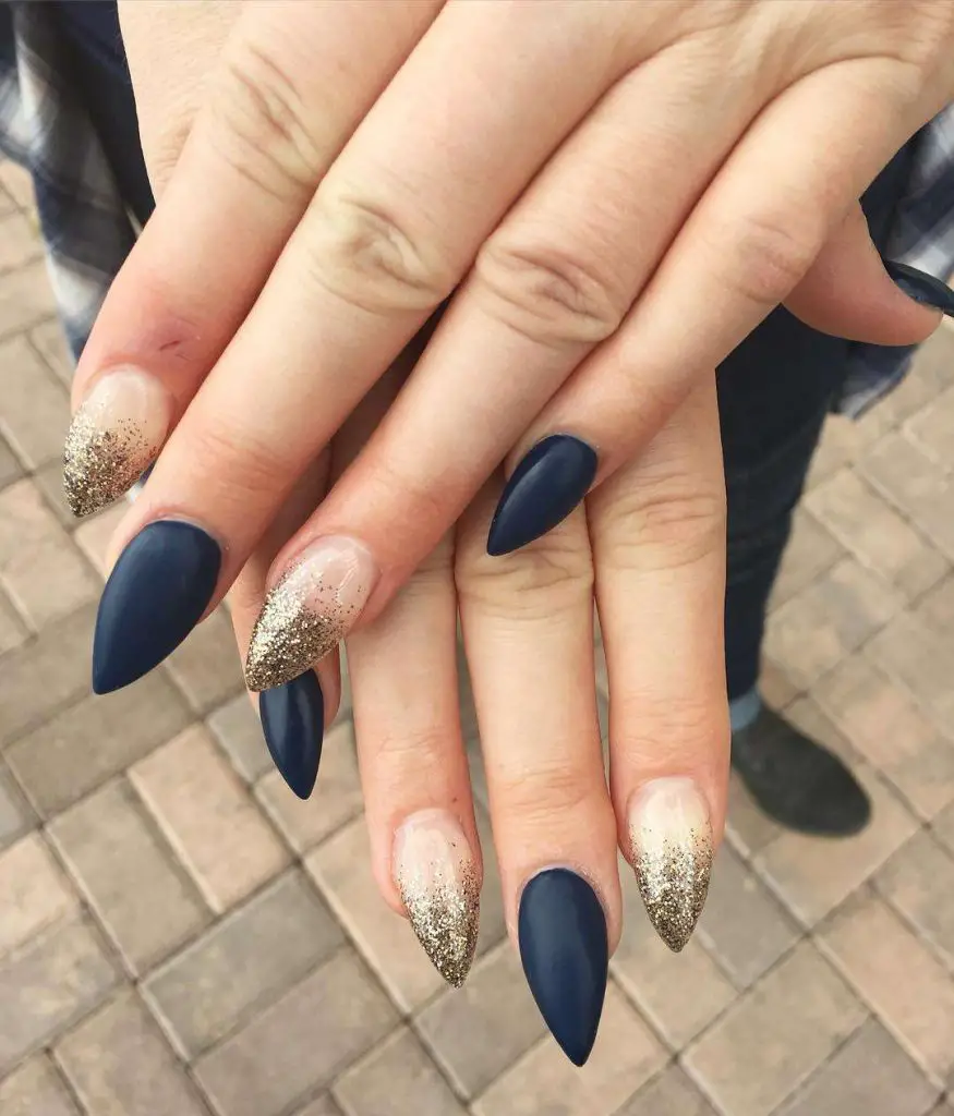Chic Matte Navy Blue And Glitter Accent Stiletto Nails
