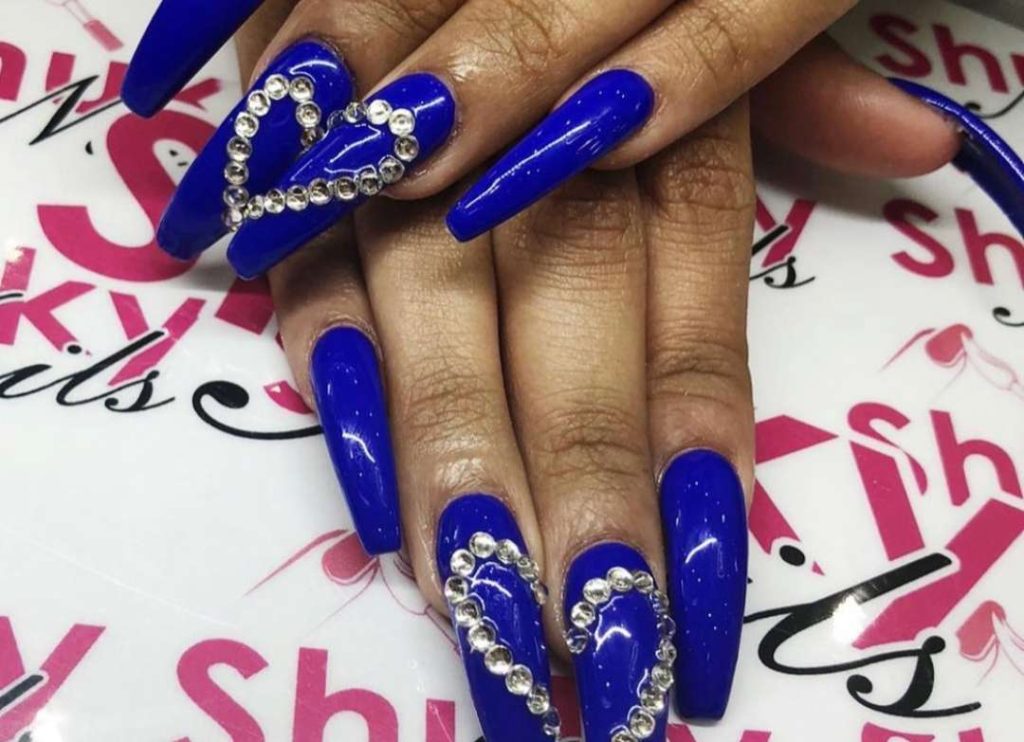Royal Blue Coffin Nails With Diamonds And Hearts