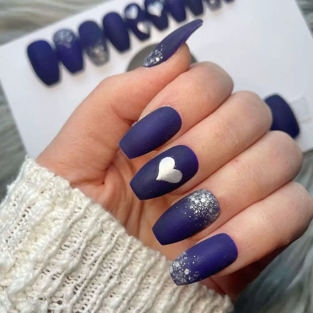 Matte Navy Blue Nails With Silver Hearts And Glitter 