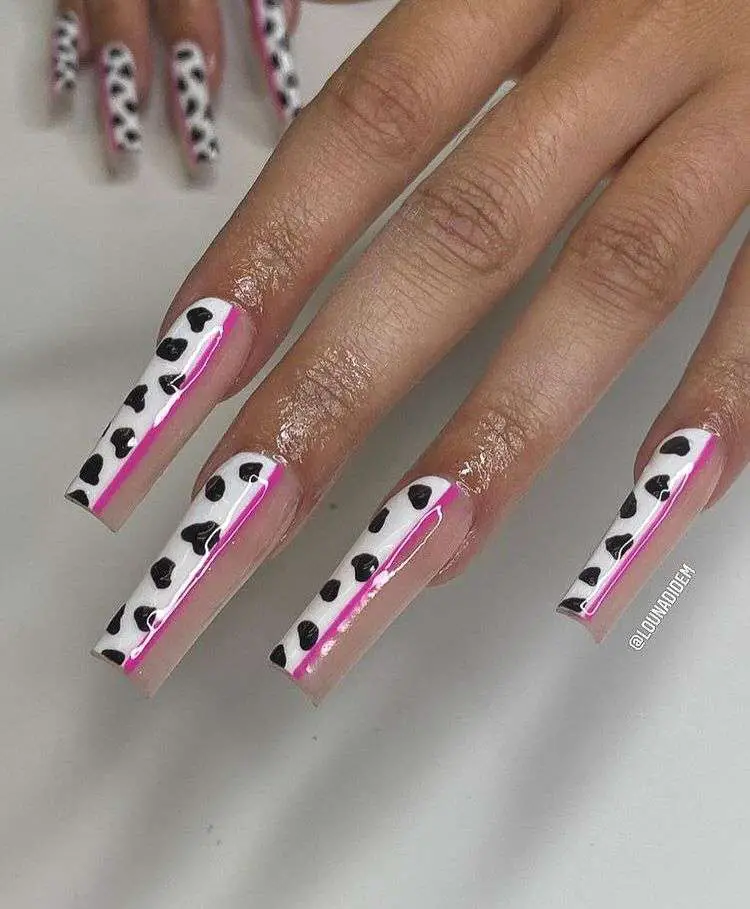 Long Cow Print Nails With Half Nude Design