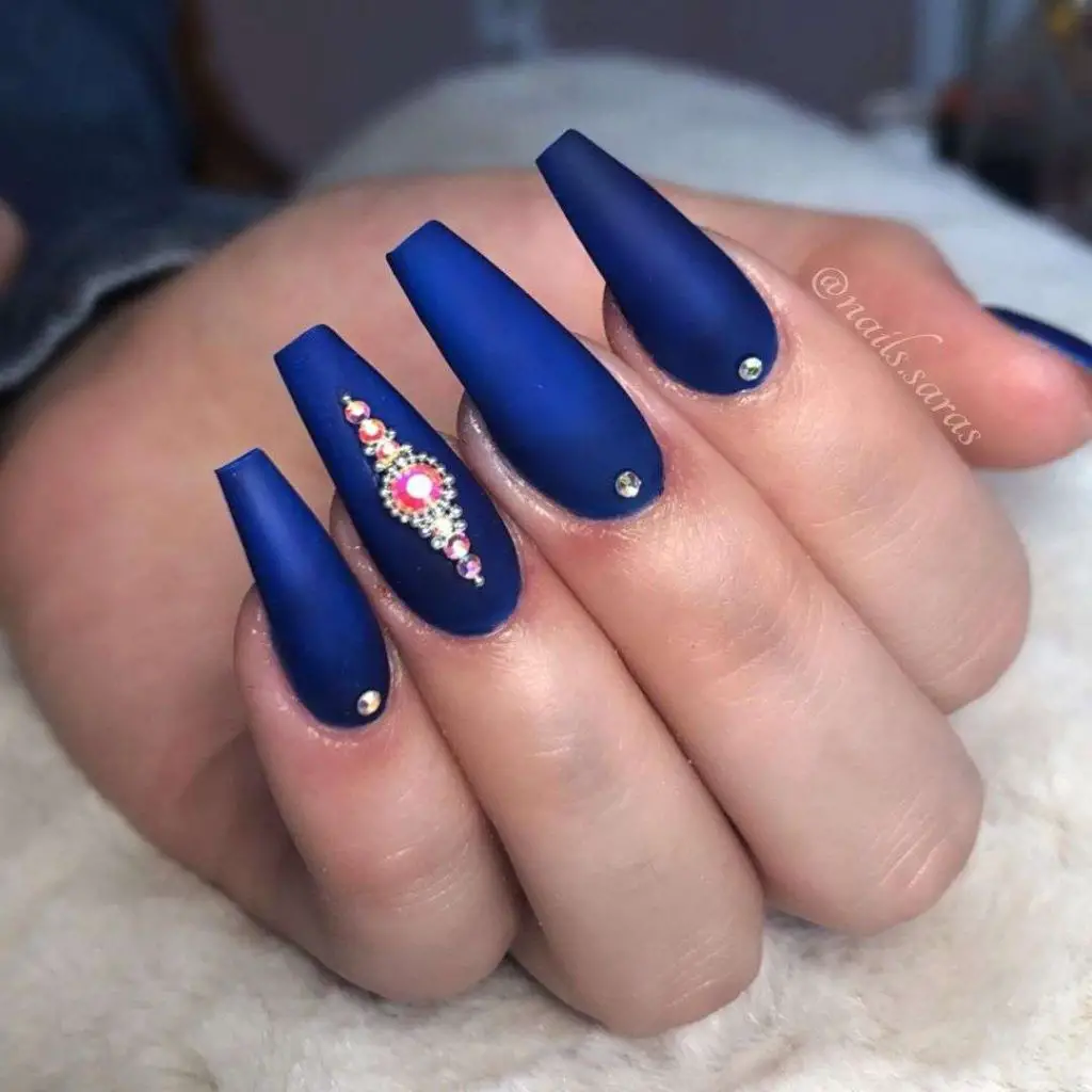 Matte Navy Blue Coffin Nails With Jewels Pattern