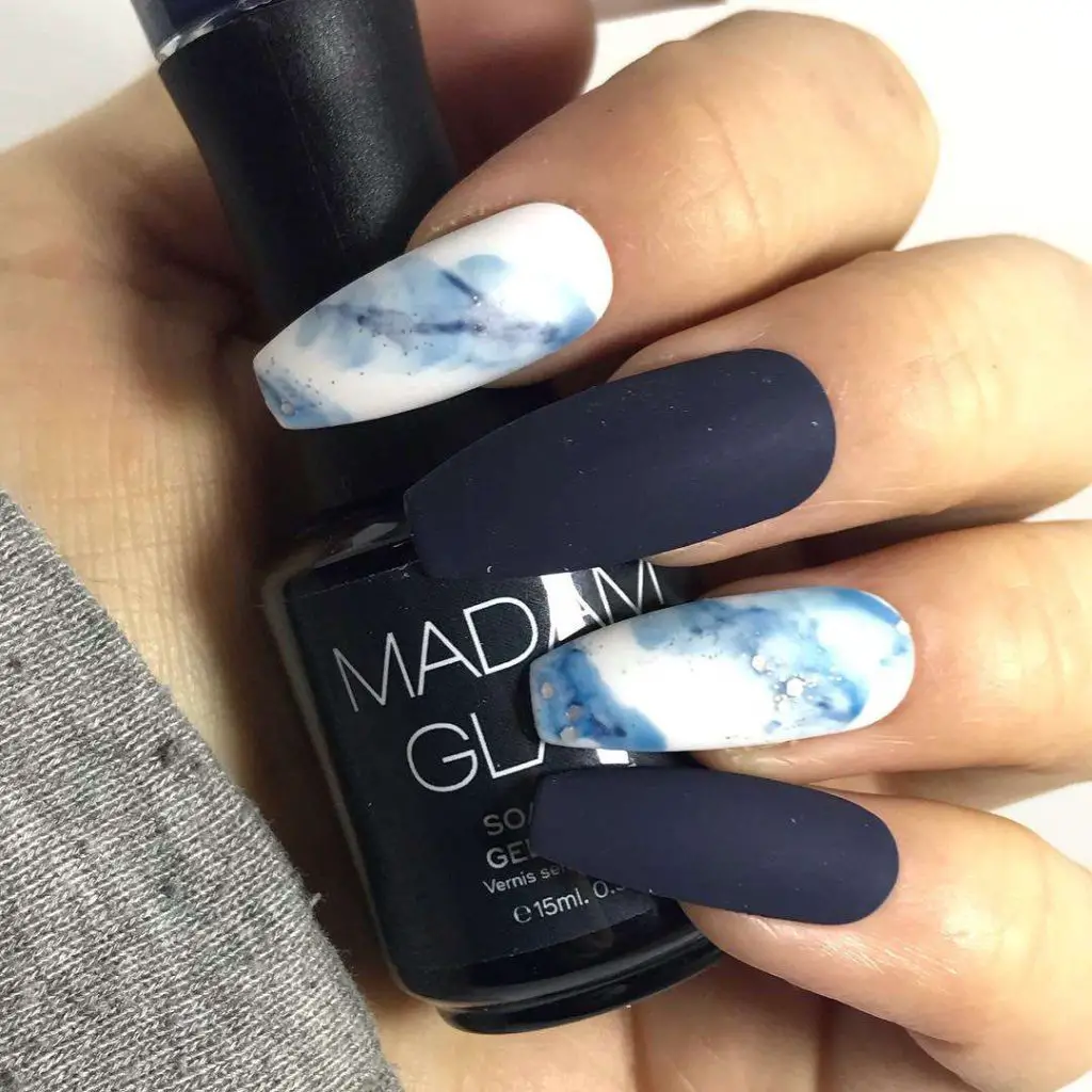 Classic Marbled Matte Navy Blue Nails 