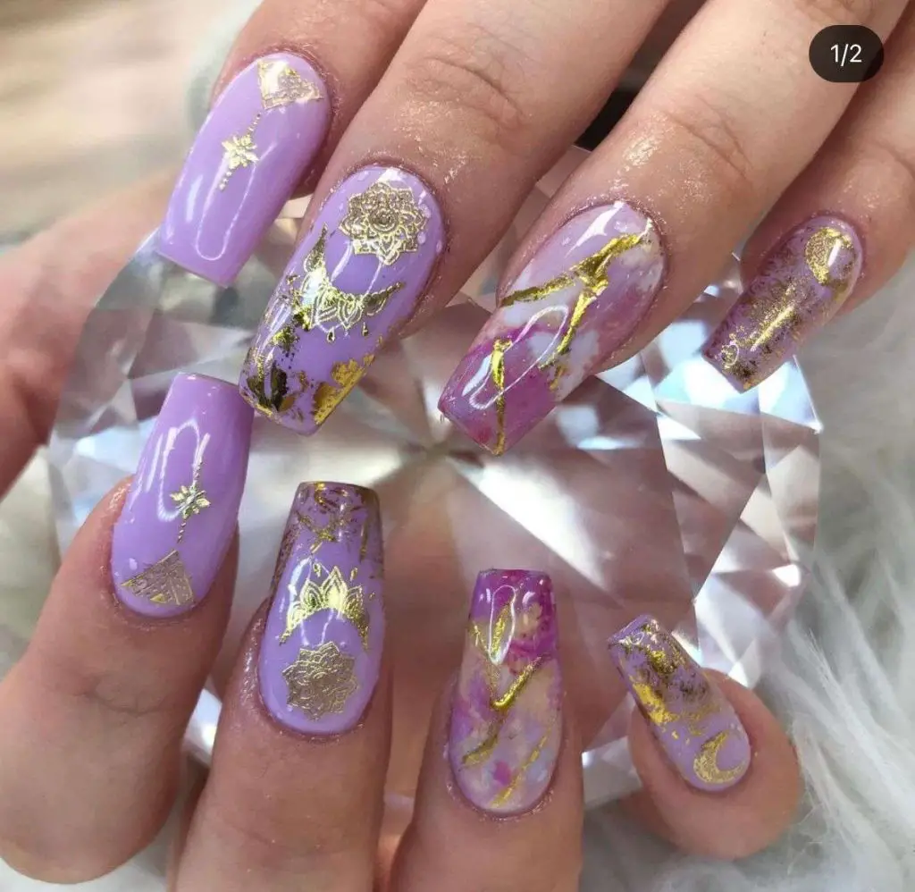 Purple Marble Nails With Gold Designs