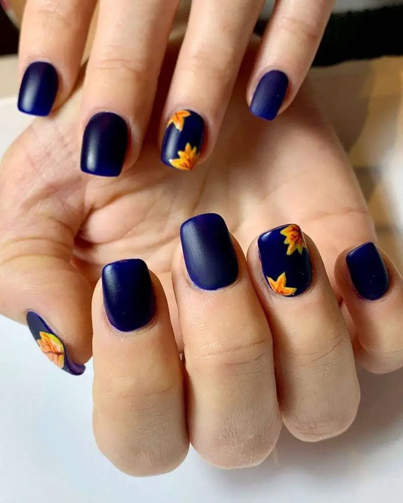 Autumn Themed Short Matte Navy Blue Nails
