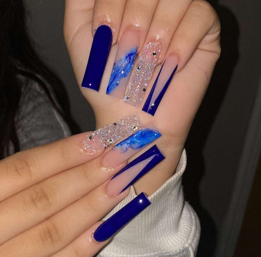 Sugar Sweet Royal Blue Coffin Nails With Diamonds