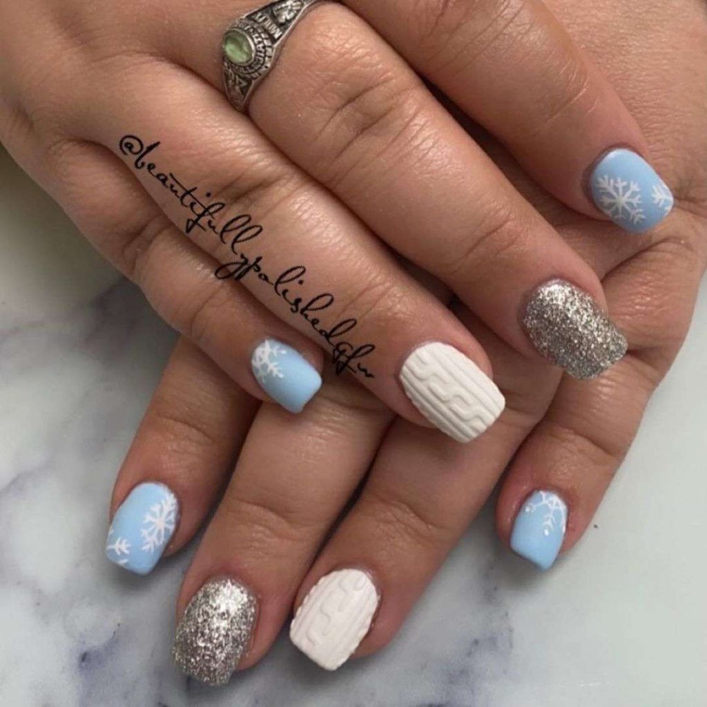 Sweater Accent Matte Baby Blue Nails With Glitter