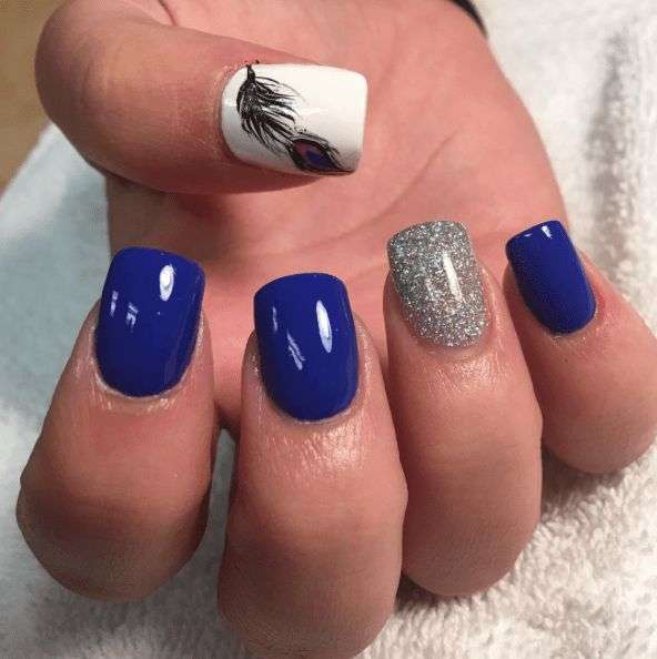 Blue Peacock Color Nails With Feather Detail