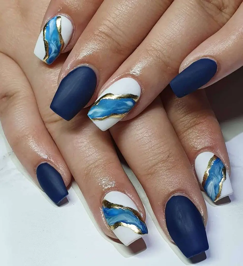 Cool Matte Navy Blue Nails With White And Gold Marbled Design  