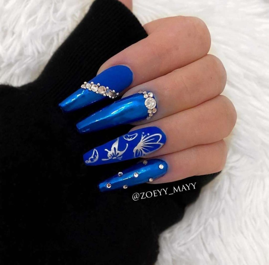 Royal Blue Coffin Nails With Diamonds And Butterflies