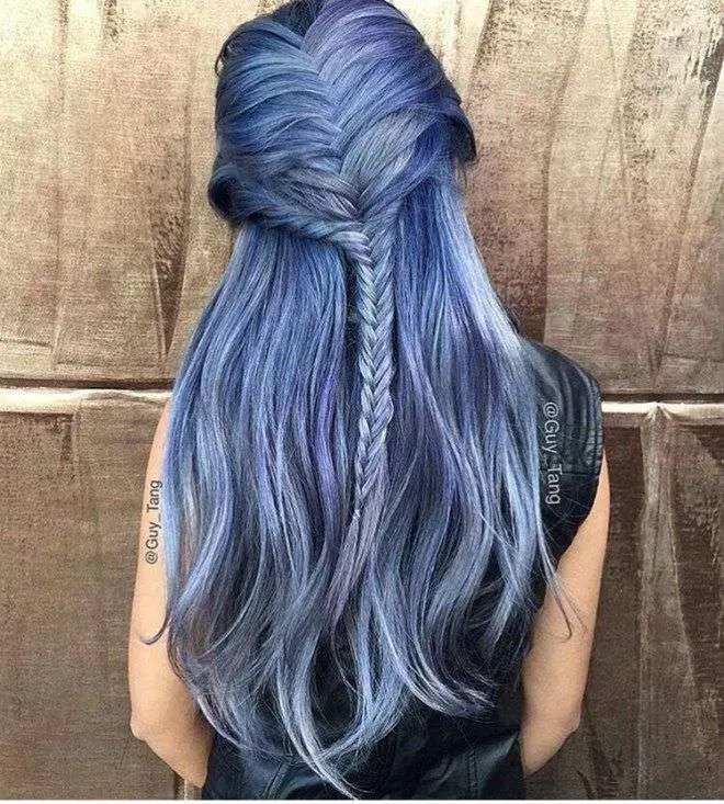 Denim Hair Color Look With Fishtail Braid