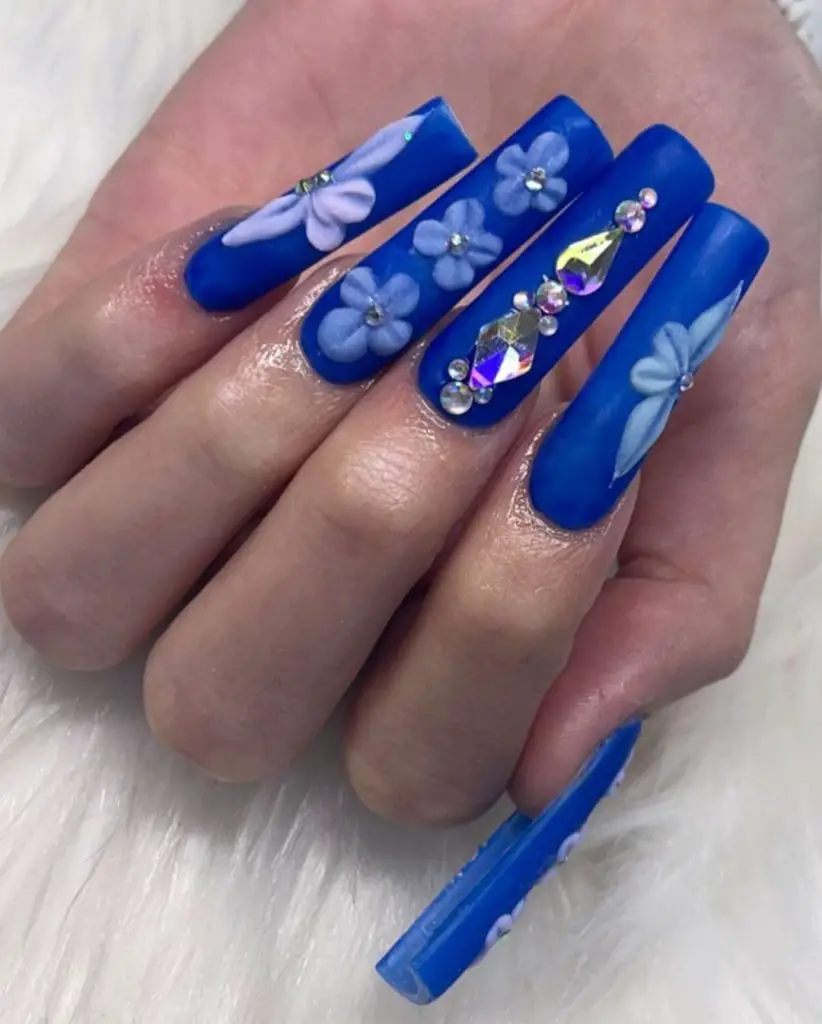 Royal Blue Coffin Nails With Diamonds And Flowers