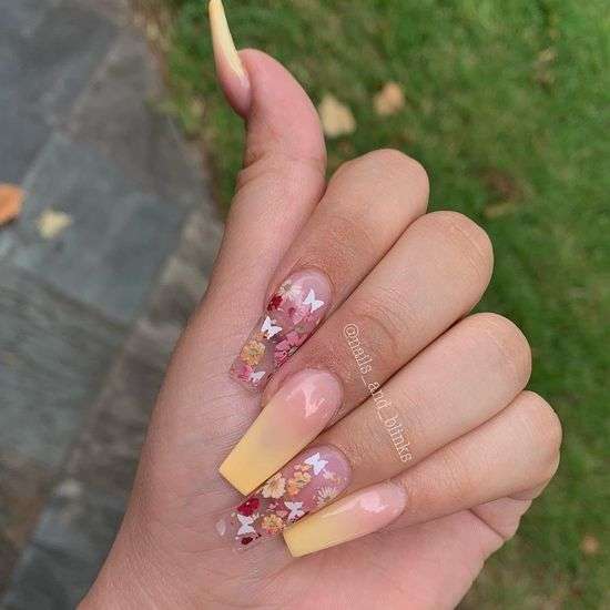 Pink And Yellow Ombre Acrylic Butterfly Nails