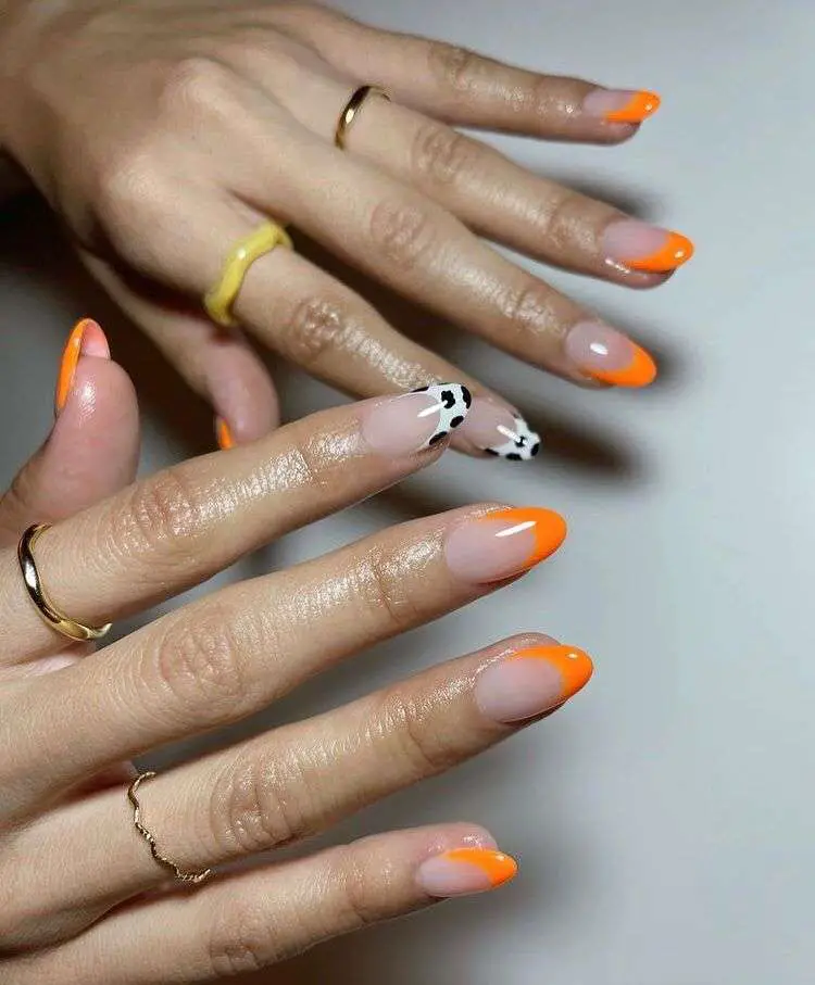 Easy  Short Cow Print Nails With Orange French Tip