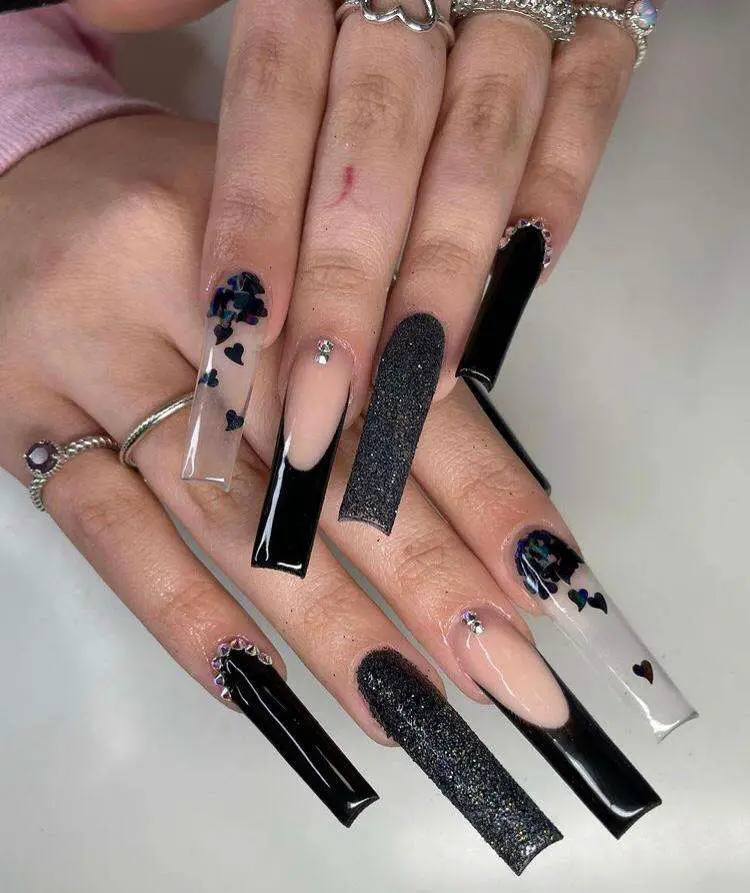 Glittery Black Valentine Themed Baddie Nails 