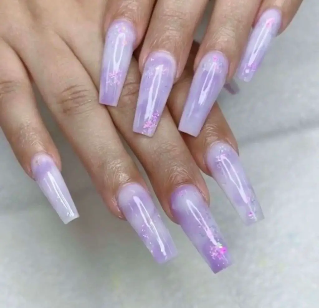 Long Acrylic Purple Marble Nails
