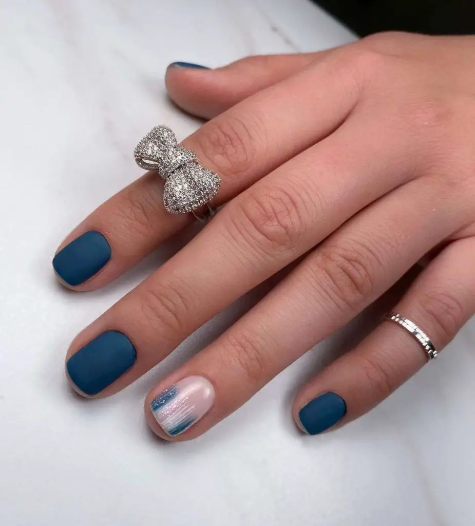 Matte Navy Blue Velvet Nails With Silver Polish 