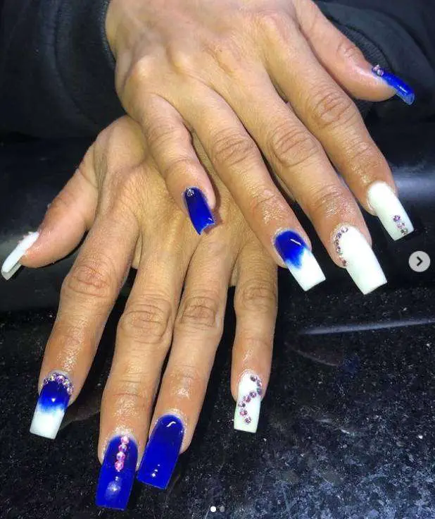 White And Royal Blue Coffin Nails With Diamonds