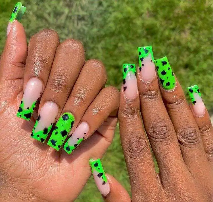 French Tip Green Cow Print Nails 