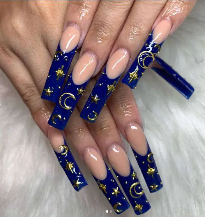 Starry Royal Blue Coffin Nails With Diamonds