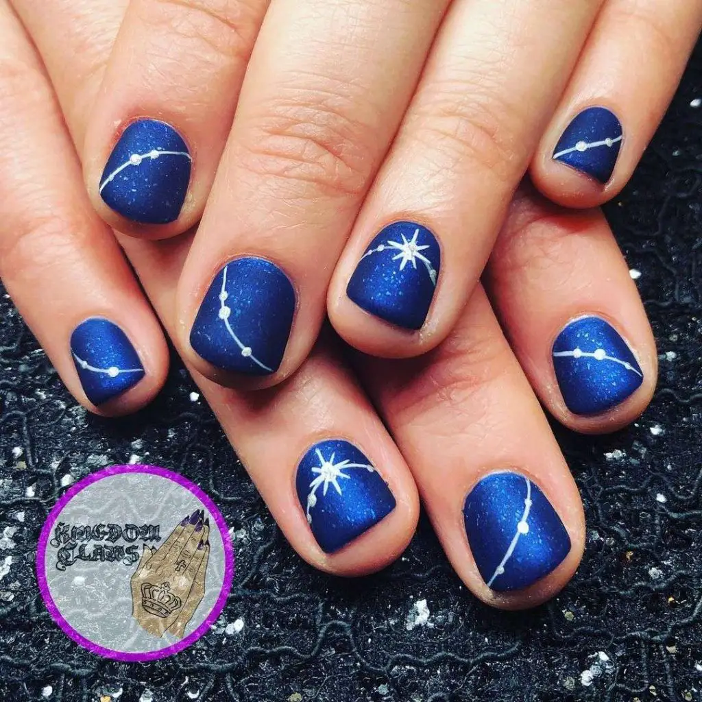 Matte Navy Blue Matte Nails With Constellation Design