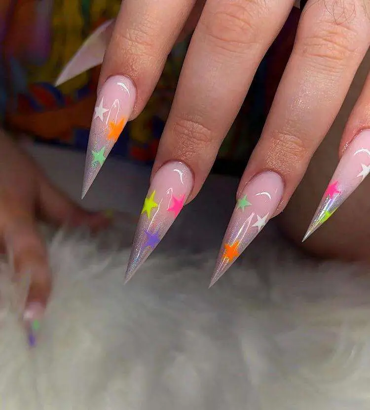 Pointy-Tip Glittery Rainbow Stars Baddie Nails