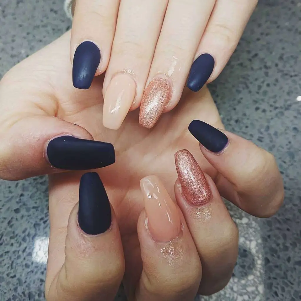 Gorgeous Nude And Matte Navy Blue Nails 