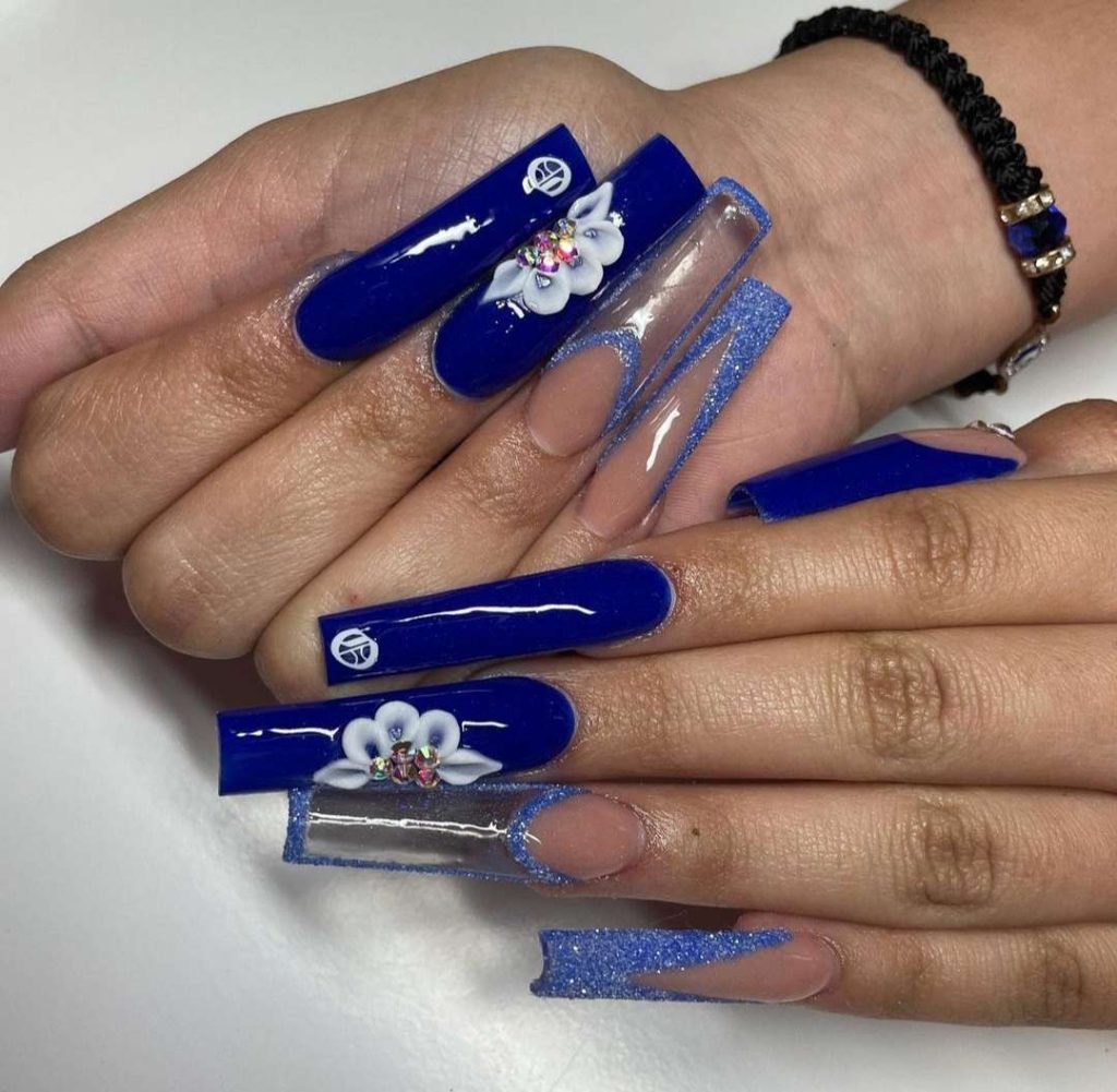 Sugar Royal Blue Coffin Nails With Rhinestones And Flowers