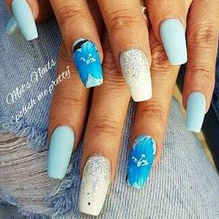 Pretty Matte Baby Blue And White Nails With Glitter