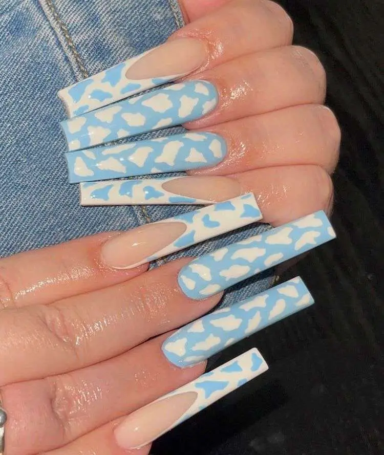 Long Light Blue Cow Print Nails With Tapered Square Ends