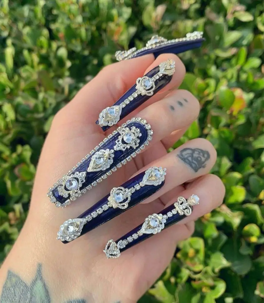 Royal Blue Coffin Nails With Swarovski Crystals